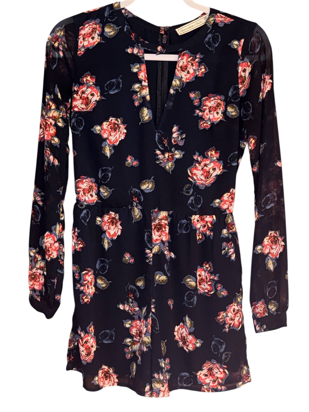 Abercrombie & Fitch 2000s Navy Floral Chiffon Romper with Pink Roses Size 00